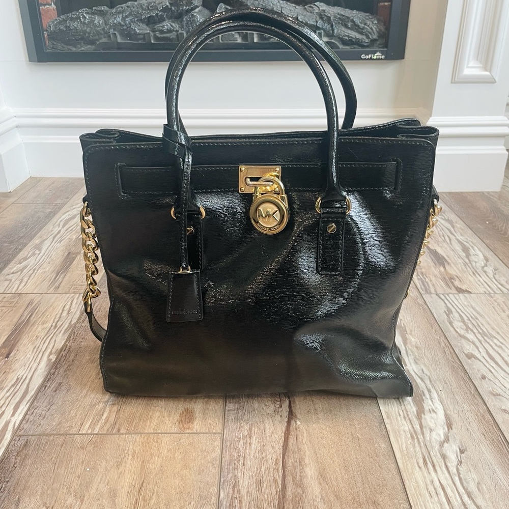 Michael Kors Black Patent Leather Satchel with Gold Hardware